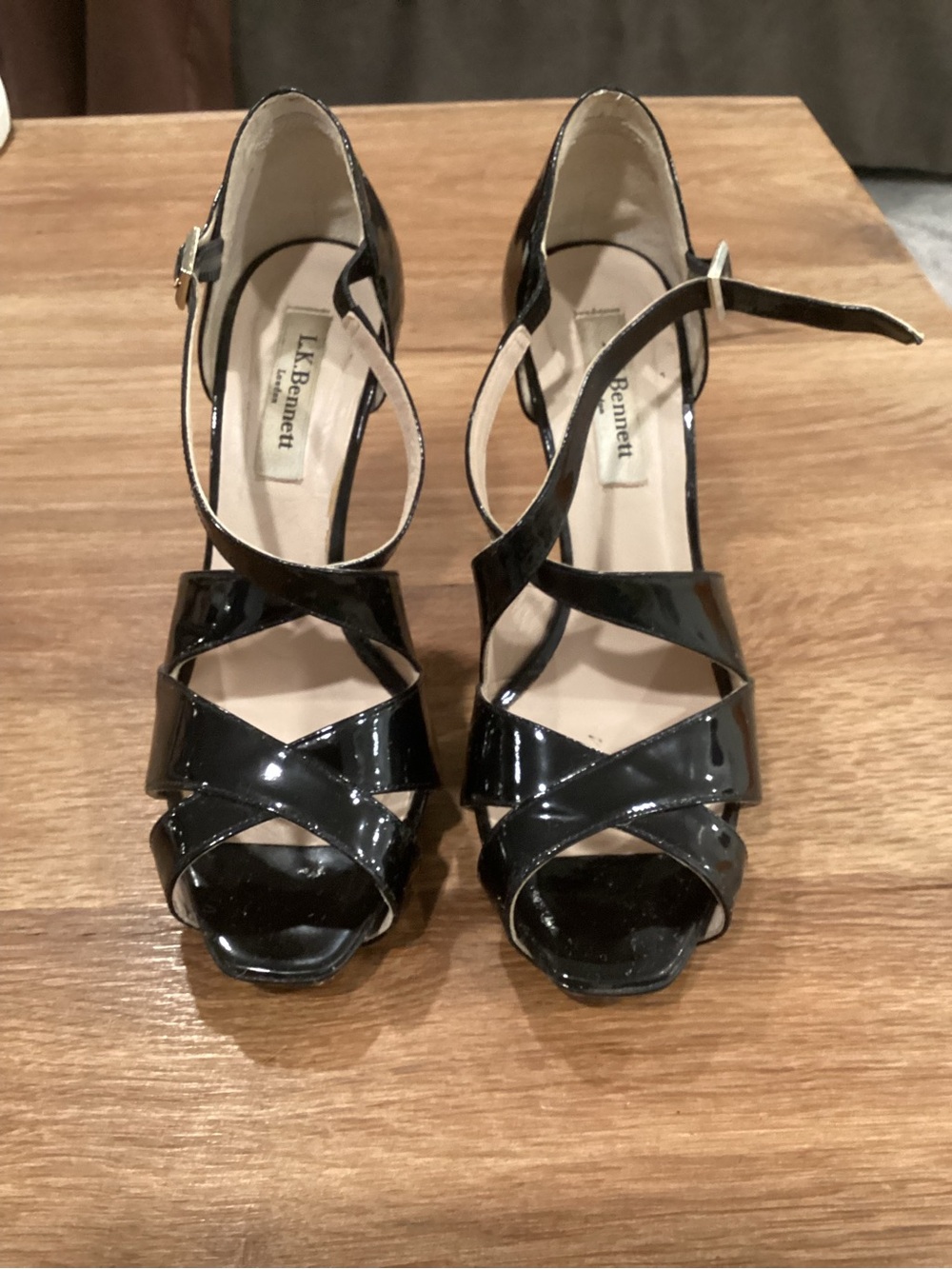 LK Bennett Black Patent Crisscross Ankle-Strap Heels